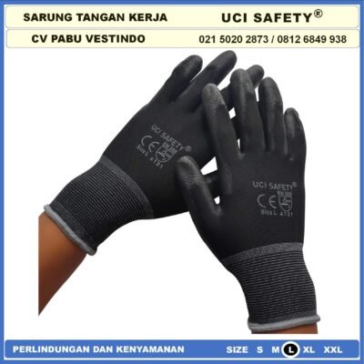 Sarung Tangan Uci Safety Bagunan Coating Karet Pengaman kerja Packing PU Statis Multitask Karet Palm Fit Ukuran S,M, L, XL Proyek Satpam Anti Slip Hitam Black Motor Hand Gloves Montir - Gambar 2