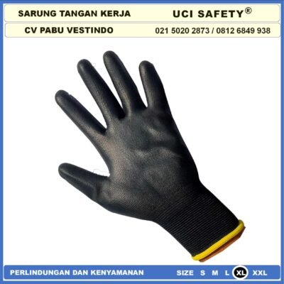 Sarung Tangan Uci Safety Bagunan Coating Karet Pengaman kerja Packing PU Statis Multitask Karet Palm Fit Ukuran S,M, L, XL Proyek Satpam Anti Slip Hitam Black Motor Hand Gloves Montir - Gambar 3