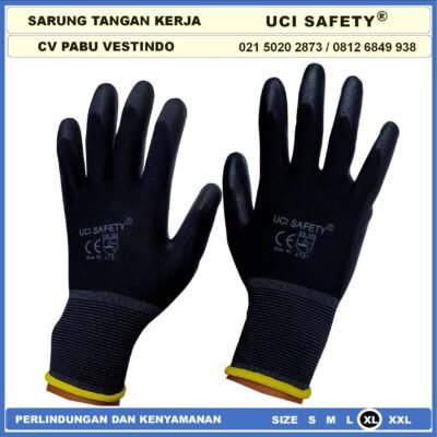 Sarung Tangan Uci Safety Bagunan Coating Karet Pengaman kerja Packing PU Statis Multitask Karet Palm Fit Ukuran S,M, L, XL Proyek Satpam Anti Slip Hitam Black Motor Hand Gloves Montir - Gambar 4