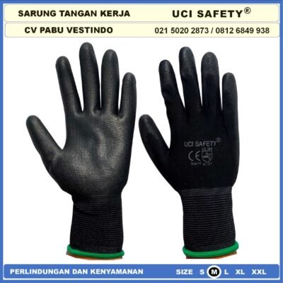 Sarung Tangan Uci Safety Bagunan Coating Karet Pengaman kerja Packing PU Statis Multitask Karet Palm Fit Ukuran S,M, L, XL Proyek Satpam Anti Slip Hitam Black Motor Hand Gloves Montir - Gambar 8