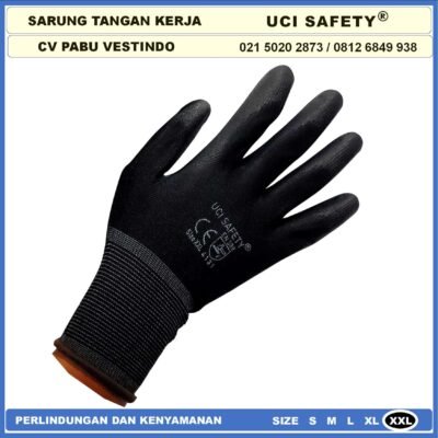 Uci Safety Sarung Tangan Mekanik Montir Berkebun Tukang Telapak Tangan dilapisi karet Bahan Nylon Polyester Elektronik Assembly Static Multi Purpose Polyurethane Kerja Palmfit Safety Gloves Security Dilapisi Karet Satpam Hitam Black - Gambar 3