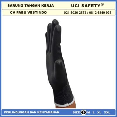 Uci Safety Sarung Tangan Mekanik Montir Berkebun Tukang Telapak Tangan dilapisi karet Bahan Nylon Polyester Elektronik Assembly Static Multi Purpose Polyurethane Kerja Palmfit Safety Gloves Security Dilapisi Karet Satpam Hitam Black - Gambar 4
