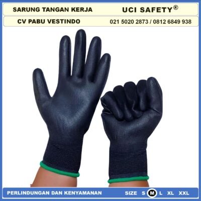 Uci Safety Sarung Tangan Mekanik Montir Berkebun Tukang Telapak Tangan dilapisi karet Bahan Nylon Polyester Elektronik Assembly Static Multi Purpose Polyurethane Kerja Palmfit Safety Gloves Security Dilapisi Karet Satpam Hitam Black - Gambar 5