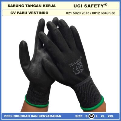 Uci Safety Sarung Tangan Palm Fit Ukuran S,M, L, XL Proyek Satpam Anti Slip Hitam Black Motor Bengkel otomotif Bagunan Coating Karet Pengaman kerja Packing PU Statis Static Polyurethane - Gambar 2