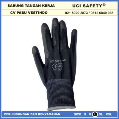 Uci Safety Sarung Tangan Palm Fit Ukuran S,M, L, XL Proyek Satpam Anti Slip Hitam Black Motor Bengkel otomotif Bagunan Coating Karet Pengaman kerja Packing PU Statis Static Polyurethane - Gambar 4