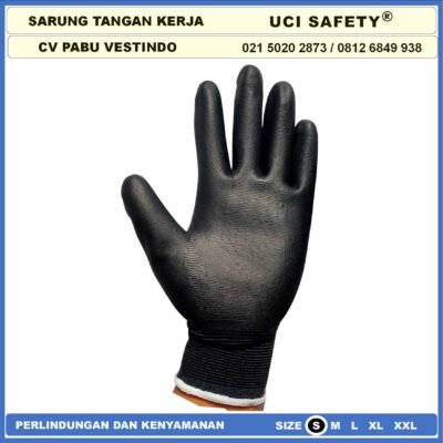 Uci Safety Sarung Tangan Palm Fit Ukuran S,M, L, XL Proyek Satpam Anti Slip Hitam Black Motor Bengkel otomotif Bagunan Coating Karet Pengaman kerja Packing PU Statis Static Polyurethane - Gambar 7