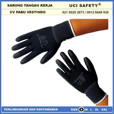 Uci Safety Sarung Tangan Palm Fit Ukuran S,M, L, XL Proyek Satpam Anti Slip Hitam Black Motor Bengkel otomotif Bagunan Coating Karet Pengaman kerja Packing PU Statis Static Polyurethane - Gambar 8