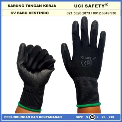 Uci Safety Sarung Tangan Motor Bengkel otomotif Bagunan Coating Karet Pengaman kerja Packing PU Statis Multitask Karet Palm Fit Ukuran S,M, L, XL Proyek Satpam Security Industri Pabrik - Gambar 2