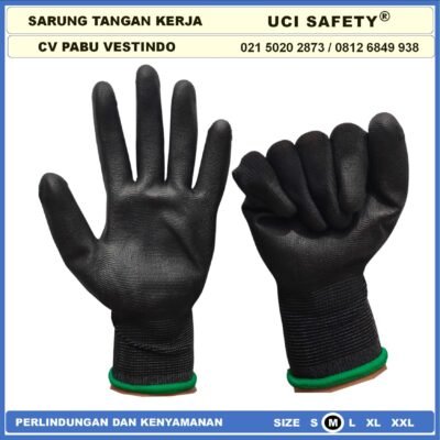 Sarung Tangan Uci Safety Anti Slip Hitam Black Motor Bengkel otomotif Bagunan Coating Karet Pengaman kerja Packing PU Statis Multitask Karet Palm Fit Ukuran S,M, L, XL Palmfit Security - Gambar 2