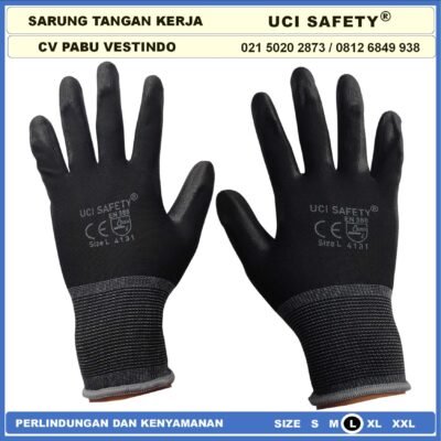 Sarung Tangan Uci Safety Anti Slip Hitam Black Motor Bengkel otomotif Bagunan Coating Karet Pengaman kerja Packing PU Statis Multitask Karet Palm Fit Ukuran S,M, L, XL Palmfit Security - Gambar 3