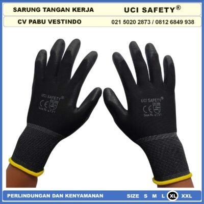 Sarung Tangan Uci Safety Anti Slip Hitam Black Motor Bengkel otomotif Bagunan Coating Karet Pengaman kerja Packing PU Statis Multitask Karet Palm Fit Ukuran S,M, L, XL Palmfit Security - Gambar 5