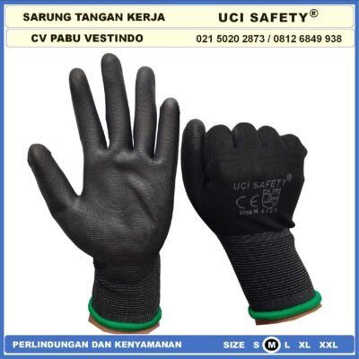 Uci Safety Sarung Tangan Hitam Black Motor Bengkel otomotif Bagunan Coating Karet Pengaman kerja Packing PU Statis Multitask Karet Palm Fit Ukuran S,M, L, XL Proyek Safety Gloves Dilapisi Karet - Gambar 2