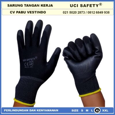 Uci Safety Sarung Tangan Hitam Black Motor Bengkel otomotif Bagunan Coating Karet Pengaman kerja Packing PU Statis Multitask Karet Palm Fit Ukuran S,M, L, XL Proyek Safety Gloves Dilapisi Karet - Gambar 4