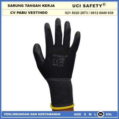 Uci Safety Sarung Tangan Hitam Black Motor Bengkel otomotif Bagunan Coating Karet Pengaman kerja Packing PU Statis Multitask Karet Palm Fit Ukuran S,M, L, XL Proyek Safety Gloves Dilapisi Karet - Gambar 5