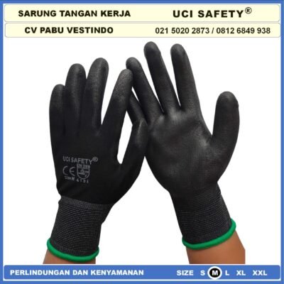 Uci Safety Sarung Tangan Hitam Black Motor Bengkel otomotif Bagunan Coating Karet Pengaman kerja Packing PU Statis Multitask Karet Palm Fit Ukuran S,M, L, XL Proyek Safety Gloves Dilapisi Karet - Gambar 8