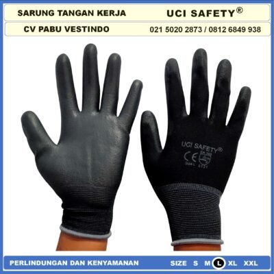 Sarung Tangan Uci Safety Proyek Satpam Anti Slip Hitam Black Motor Bengkel otomotif Bagunan Coating Karet Pengaman kerja Packing PU Statis Multitask Karet Polyurethane Palmfit - Gambar 3