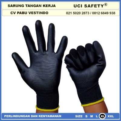 Sarung Tangan Uci Safety Proyek Satpam Anti Slip Hitam Black Motor Bengkel otomotif Bagunan Coating Karet Pengaman kerja Packing PU Statis Multitask Karet Polyurethane Palmfit - Gambar 5