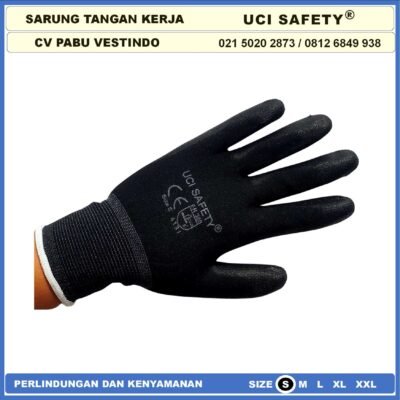 Sarung Tangan Uci Safety Proyek Satpam Anti Slip Hitam Black Motor Bengkel otomotif Bagunan Coating Karet Pengaman kerja Packing PU Statis Multitask Karet Polyurethane Palmfit - Gambar 7