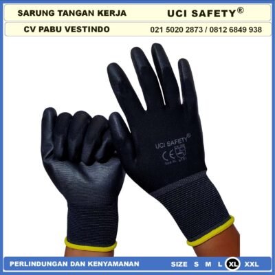 Sarung Tangan Uci Safety Security Dilapisi Karet Industri Pabrik Hand Gloves Mekanik Montir Berkebun Tukang Telapak Tangan dilapisi karet Bahan Nylon Polyester Elektronik Assembly Static Multi Purpose Polyurethane Kerja Karet Ukuran S,M, L, XL - Gambar 5