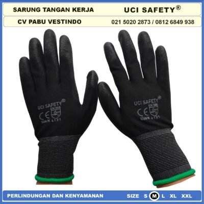 Uci Safety Sarung Tangan Industri Pabrik Hand Gloves Mekanik Montir Berkebun Tukang Telapak Tangan dilapisi karet Bahan Nylon Polyester Elektronik Assembly Static Multi Purpose Polyurethane Kerja Palmfit Safety Gloves Ukuran S,M, L, XL Satpam - Gambar 2