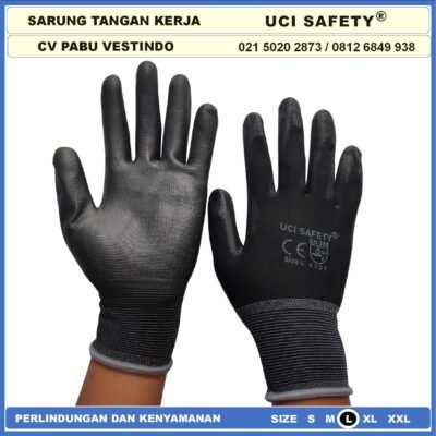 Uci Safety Sarung Tangan Industri Pabrik Hand Gloves Mekanik Montir Berkebun Tukang Telapak Tangan dilapisi karet Bahan Nylon Polyester Elektronik Assembly Static Multi Purpose Polyurethane Kerja Palmfit Safety Gloves Ukuran S,M, L, XL Satpam - Gambar 3
