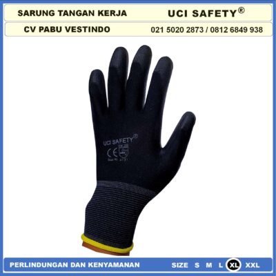 Uci Safety Sarung Tangan Industri Pabrik Hand Gloves Mekanik Montir Berkebun Tukang Telapak Tangan dilapisi karet Bahan Nylon Polyester Elektronik Assembly Static Multi Purpose Polyurethane Kerja Palmfit Safety Gloves Ukuran S,M, L, XL Satpam - Gambar 4