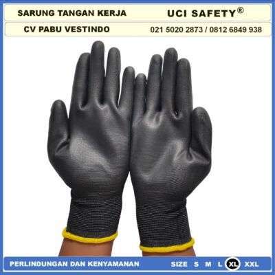 Uci Safety Sarung Tangan Industri Pabrik Hand Gloves Mekanik Montir Berkebun Tukang Telapak Tangan dilapisi karet Bahan Nylon Polyester Elektronik Assembly Static Multi Purpose Polyurethane Kerja Palmfit Safety Gloves Ukuran S,M, L, XL Satpam - Gambar 5