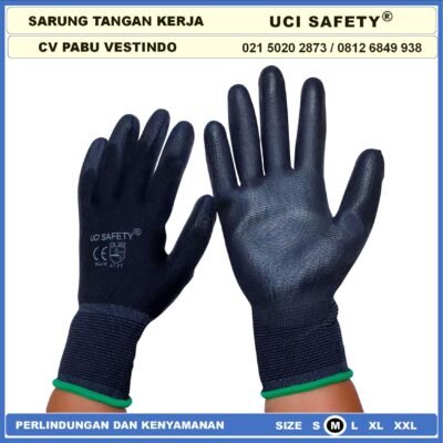 Uci Safety Sarung Tangan Pengaman kerja Packing PU Statis Multitask Karet Palm Fit Ukuran S,M, L, XL Proyek Satpam Anti Slip Hitam Black Motor Bengkel otomotif Montir Tukang - Gambar 2