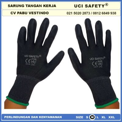 Uci Safety Sarung Tangan Pengaman kerja Packing PU Statis Multitask Karet Palm Fit Ukuran S,M, L, XL Proyek Satpam Anti Slip Hitam Black Motor Bengkel otomotif Montir Tukang - Gambar 3