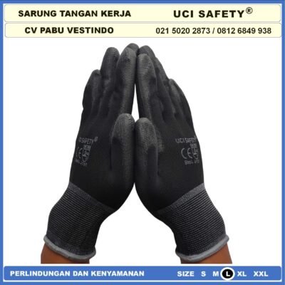 Uci Safety Sarung Tangan Pengaman kerja Packing PU Statis Multitask Karet Palm Fit Ukuran S,M, L, XL Proyek Satpam Anti Slip Hitam Black Motor Bengkel otomotif Montir Tukang - Gambar 4