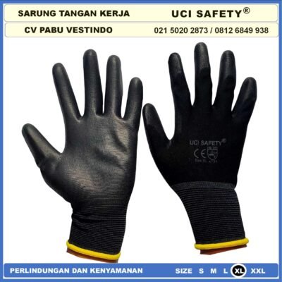 Uci Safety Sarung Tangan Pengaman kerja Packing PU Statis Multitask Karet Palm Fit Ukuran S,M, L, XL Proyek Satpam Anti Slip Hitam Black Motor Bengkel otomotif Montir Tukang - Gambar 6