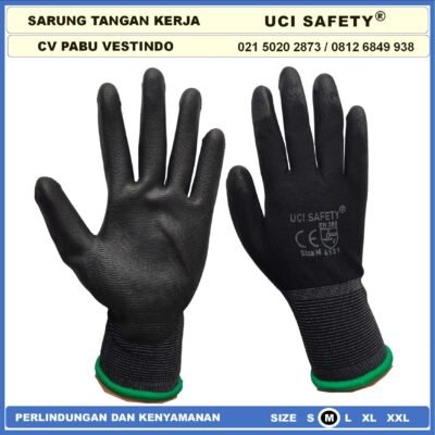 Uci Safety Sarung Tangan Ukuran S,M, L, XL Proyek Satpam Anti Slip Hitam Black Motor Bengkel otomotif Bagunan Coating Karet Pengaman kerja Packing PU Statis Multitask Multi Purpose Kerja - Gambar 4