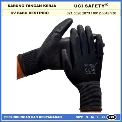Uci Safety Sarung Tangan Karet Palm Fit Ukuran S,M, L, XL Proyek Satpam Anti Slip Hitam Black Motor Bengkel otomotif Bagunan Coating Karet Pengaman kerja Packing PU Elektronik Assembly Multi Purpose - Gambar 2