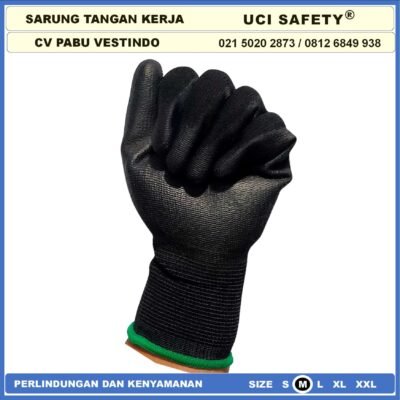 Uci Safety Sarung Tangan Coating Karet Pengaman kerja Packing PU Statis Multitask Karet Palm Fit Ukuran S,M, L, XL Proyek Satpam Anti Slip Hitam Black Motor Bengkel Mekanik Berkebun - Gambar 2