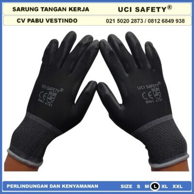 Uci Safety Sarung Tangan Coating Karet Pengaman kerja Packing PU Statis Multitask Karet Palm Fit Ukuran S,M, L, XL Proyek Satpam Anti Slip Hitam Black Motor Bengkel Mekanik Berkebun - Gambar 3