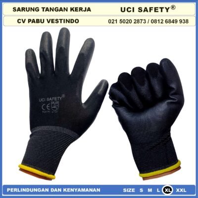 Uci Safety Sarung Tangan Coating Karet Pengaman kerja Packing PU Statis Multitask Karet Palm Fit Ukuran S,M, L, XL Proyek Satpam Anti Slip Hitam Black Motor Bengkel Mekanik Berkebun - Gambar 5