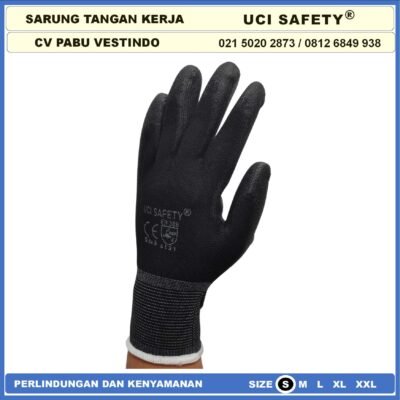Uci Safety Sarung Tangan Coating Karet Pengaman kerja Packing PU Statis Multitask Karet Palm Fit Ukuran S,M, L, XL Proyek Satpam Anti Slip Hitam Black Motor Bengkel Mekanik Berkebun - Gambar 7