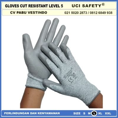 Warna Abu Abu Sarung Tangan Safety Kerja Kawat Besi Baja Kaca Pabrik industri Ukuran M & L Uci Safety Motor, Berkebun, Mekanik, Bengkel, Tukang Karet Polyurethane Anti Potong Cut Resistant Anti Benda Tajam - Gambar 8