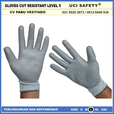 Anti Pisau Potong Hand Gloves Coating Karet Warna Abu Abu Sarung Tangan Safety Kerja Kawat Besi Baja Kaca Pabrik industri Ukuran M & L Uci Safety Motor, Berkebun, Mekanik, Bengkel, Tukang Karet Polyurethane - Gambar 4