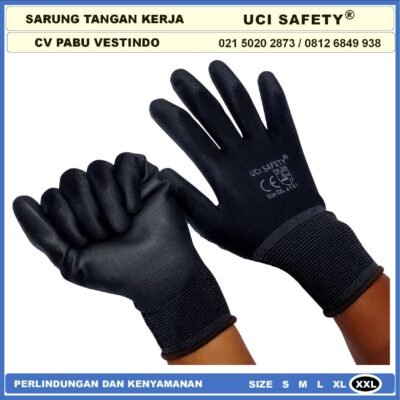 Sarung Tangan Satpam Anti Slip Hitam Black Hand Gloves Mekanik Montir Berkebun Tukang Telapak Tangan dilapisi karet Bahan Nylon Polyester Elektronik Assembly Static Multi Purpose Polyurethane Kerja Palmfit Safety Gloves - Gambar 5