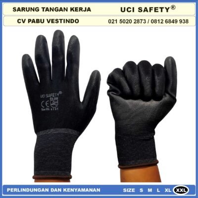 Sarung Tangan Ukuran S,M, L, XL Berkebun Coating Karet Bengkel Static Karet Palm Fit Hitam Black Bahan Nylon Polyester - Gambar 4