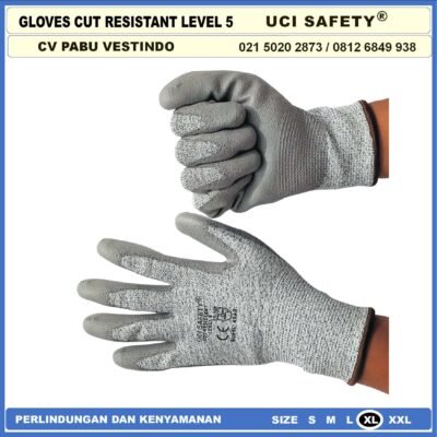 Coating Karet Warna Abu Abu Sarung Tangan Safety Kerja Kawat Besi Baja Kaca Pabrik industri Ukuran M & L Uci Safety Motor, Berkebun, Mekanik, Bengkel, Tukang Karet Polyurethane Anti Potong Cut Resistant - Gambar 7