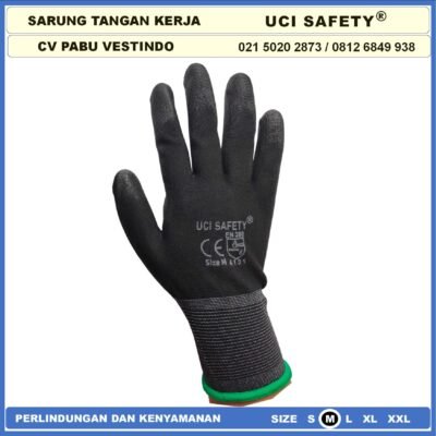 Safety Gloves Industri Pabrik Satpam Proyek Palm Fit Polyurethane Multi Purpose PU Bahan Nylon Polyester Coating Karet Berkebun Bengkel Hand Gloves Hitam Black Dilapisi Karet