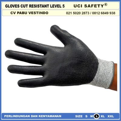 Coating Karet Warna Abu Abu Sarung Tangan Safety Kerja Kawat Besi Baja Kaca Pabrik industri Ukuran M & L Uci Safety Motor, Berkebun, Mekanik, Bengkel, Tukang Karet Polyurethane Anti Potong Cut Resistant - Gambar 8