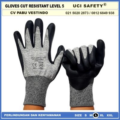 Coating Karet Warna Abu Abu Sarung Tangan Safety Kerja Kawat Besi Baja Kaca Pabrik industri Ukuran M & L Uci Safety Motor, Berkebun, Mekanik, Bengkel, Tukang Karet Polyurethane Anti Potong Cut Resistant - Gambar 4