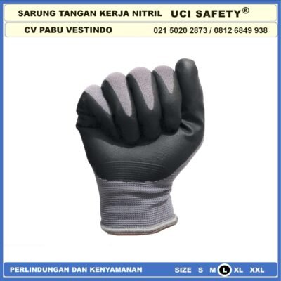 Sarung Tangan Security Nitril Multi Purpose Pertambangan Berkebun Anti Licin Greasy Coating Nitril Hitam Black - Gambar 4