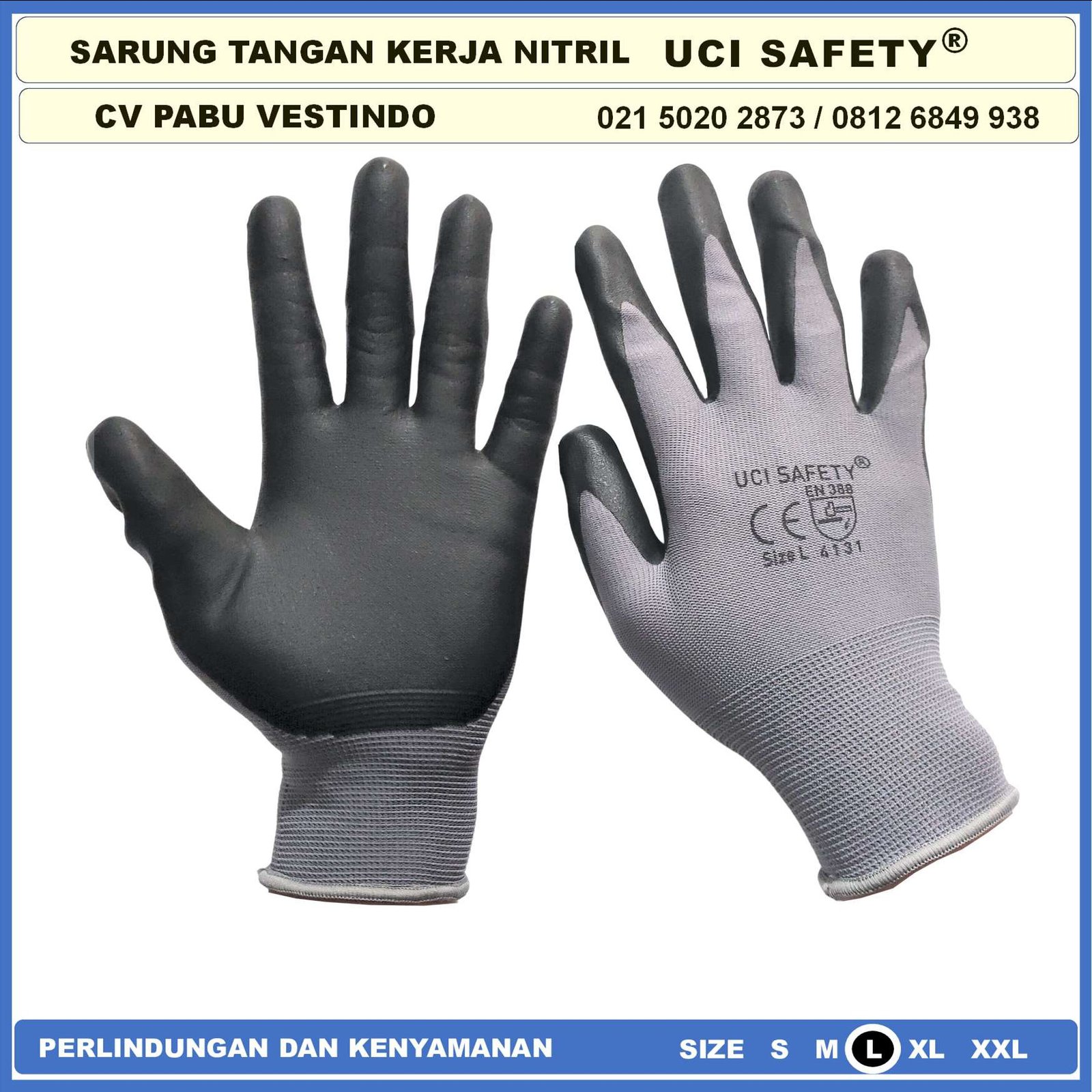 Sarung Tangan Berkebun En 388 4131 Pengaman kerja Hitam Black Nitril Perkebunan Mekanik Ukuran M L XL safety Gloves