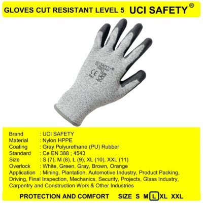 Sarung Tangan Kawat Besi Baja Karet Polyurethane Cut Resistant Level 5 Anti Pisau Potong Anti Slip